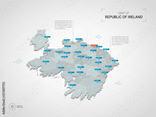 Isometric 3D Republic of Ireland map. Stylized vector map illustration with cities, borders, capital, administrative divisions and pointer marks; gradient background with grid.