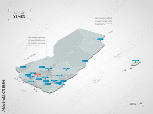 Isometric 3D Yemen map. Stylized vector map illustration with cities, borders, capital, administrative divisions and pointer marks; gradient background with grid.
