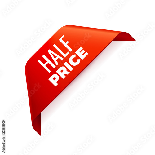 Red Vector Banner Ribbon on white background, corner ribbon, half price