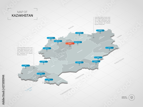 Isometric 3D Kazakhstan map. Stylized vector map illustration with cities, borders, capital, administrative divisions and pointer marks; gradient background with grid.