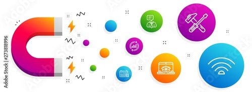 Magnet attracting. Online delivery, Calendar and Hammer tool icons simple set. Support service, Update data and Wifi signs. Parcel tracking website, Calculator device. Business set. Vector