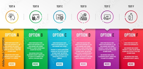 Payment method, Reject certificate and Sale icons simple set. Idea, Seo adblock and Water bottle signs. Wallet with coins, Decline file. Business set. Infographic template. 6 steps timeline. Vector