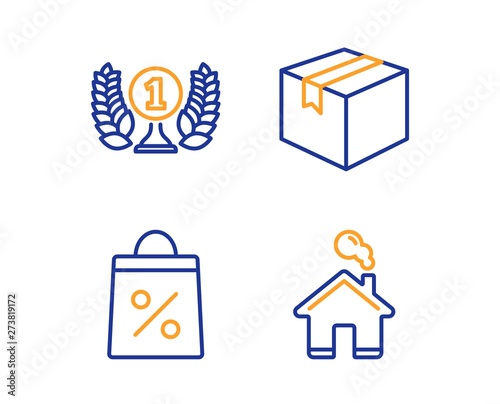 Shopping bag, Laureate award and Parcel icons simple set. Home sign. Supermarket discounts, Prize, Shipping box. House building. Business set. Linear shopping bag icon. Colorful design set. Vector