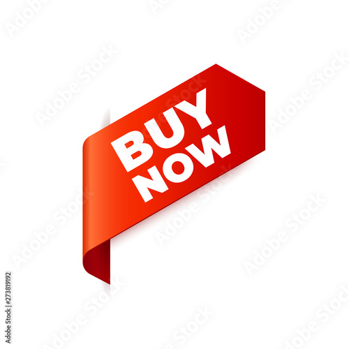 Red Vector Banner Ribbon on white background, left bookmark, buy now