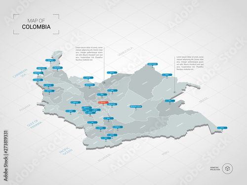 Isometric 3D Colombia map. Stylized vector map illustration with cities, borders, capital, administrative divisions and pointer marks; gradient background with grid.