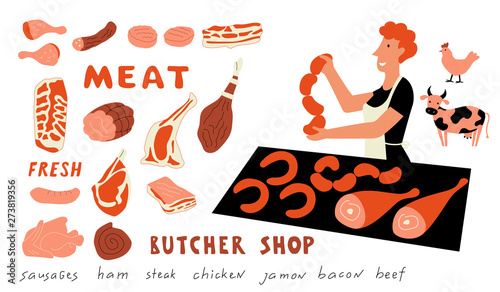 Meat funny doodle set. Cute cartoon woman, food market seller with farm products. Hand drawn vector illustration. Isolated on white.