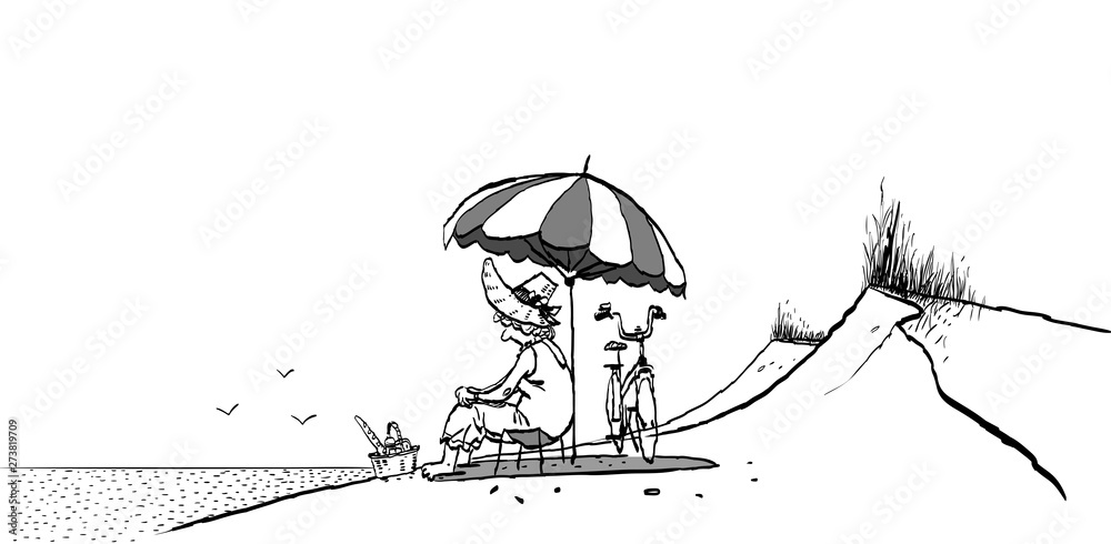 Naklejka premium Grandma on the beach. beach umbrella. Granny and bike. Active Longevity. Grandmother on beach picnic.