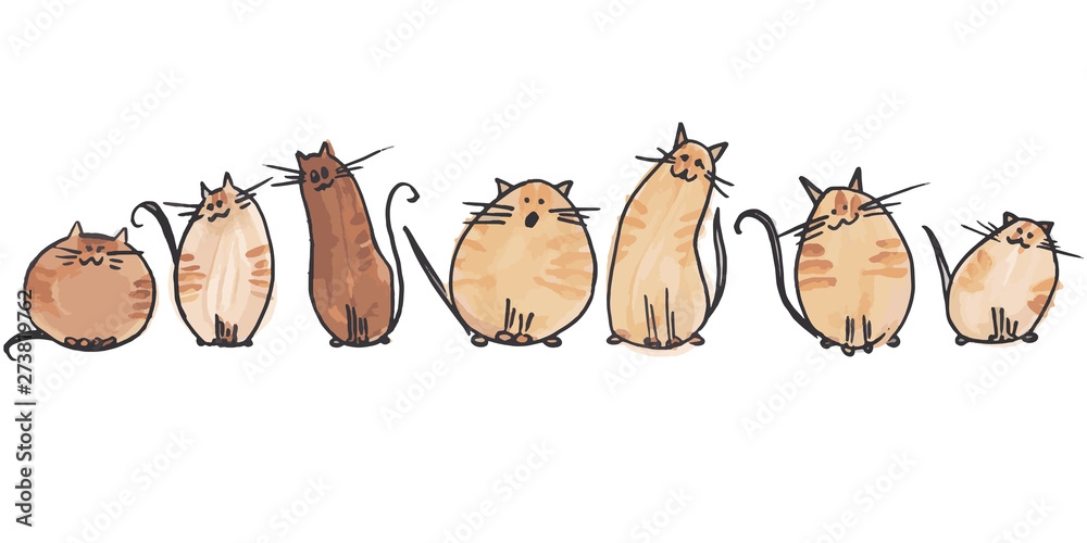 Obraz 7 ślicznych akwarela kotów w 2 linii na białym tle. Ilustracja wektorowa akwarela