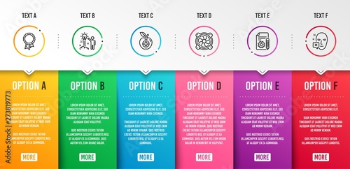 Success, Creative idea and Computer fan icons simple set. Medical food, Documentation and Face declined signs. Award reward, Startup. Business set. Infographic template. 6 steps timeline. Vector