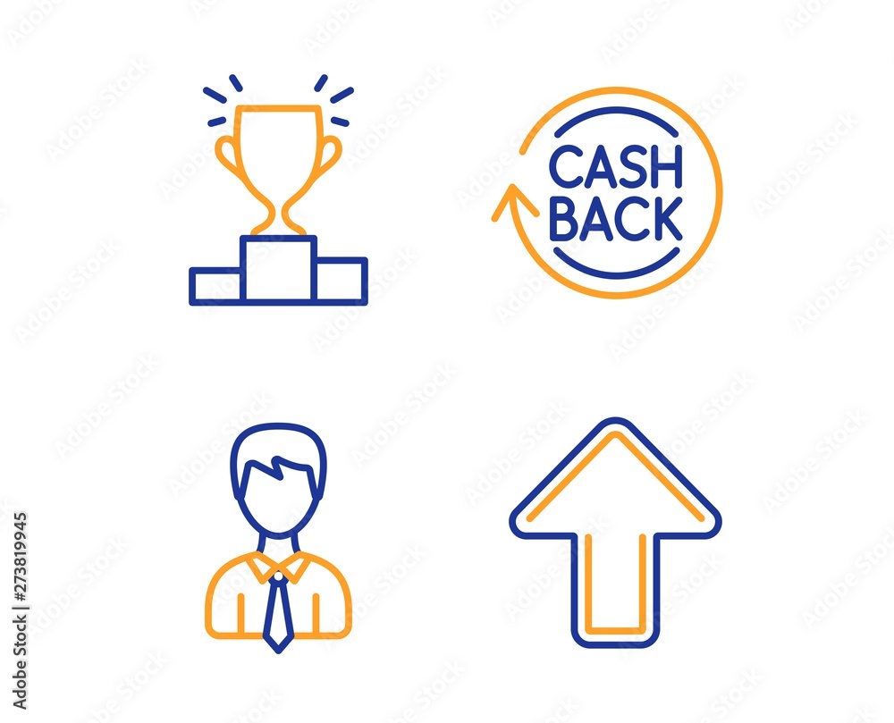 Businessman, Cashback and Winner podium icons simple set. Upload sign. User data, Refund commission, Competition results. Load arrowhead. Business set. Linear businessman icon. Colorful design set Businessman, Cashback and Winner podium icons simple set. Upload sign. User data, Refund commission, Competition results. Load arrowhead. Business set. Linear businessman icon. Colorful design set