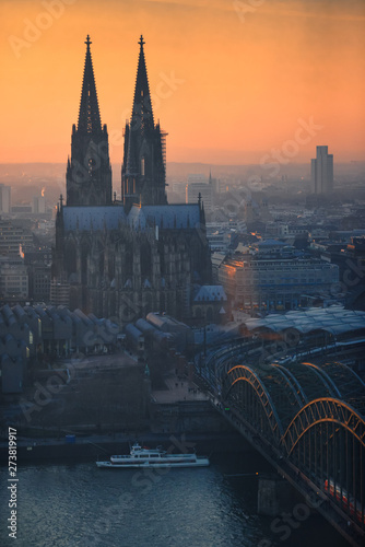 Aerial view of Cologne and Cologne Cathedral at sunset