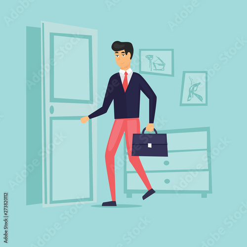 Vector illustration of the first working day. Employee comes in the office