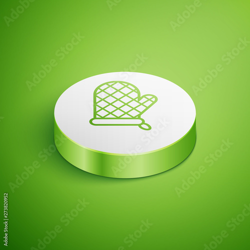 Isometric Oven glove icon isolated on green background. Kitchen potholder sign. Cooking glove. White circle button. Vector Illustration