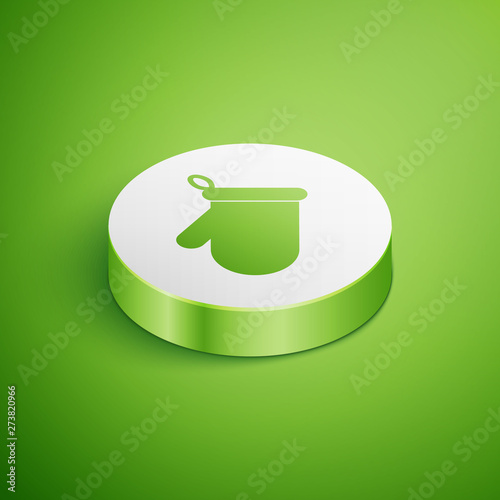 Isometric Oven glove icon isolated on green background. Kitchen potholder sign. Cooking glove. White circle button. Vector Illustration