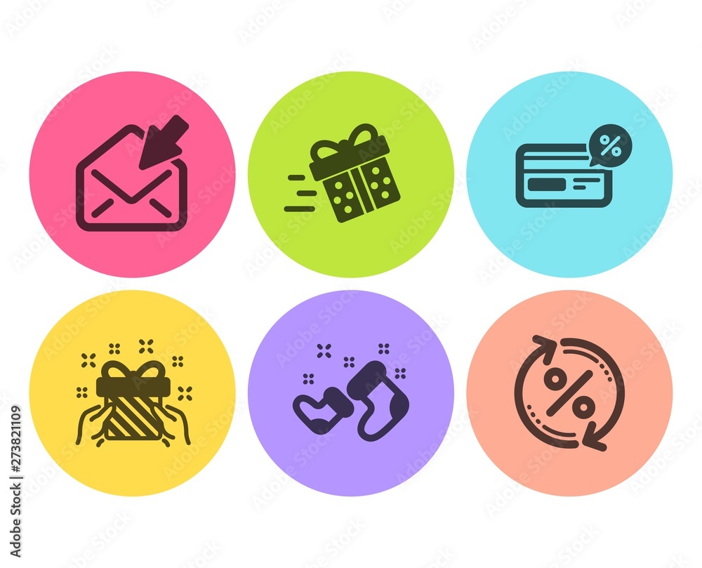 Gift, Open mail and Present delivery icons simple set. Santa boots, Cashback and Loan percent signs. Present, View e-mail. Business set. Flat gift icon. Circle button. Vector