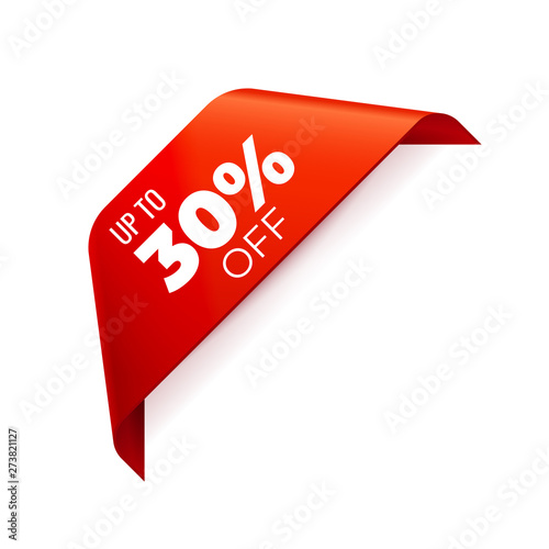 Red Vector Banner Ribbon on white background, corner ribbon, up to 30 percent off