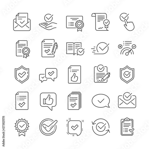 Approve line icons. Set of Certificate, Checklist and Award medal icons. Certified document, Accepted approve and Confirm mail. Guarantee, Check mark and Correct agreement. Checklist document. Vector