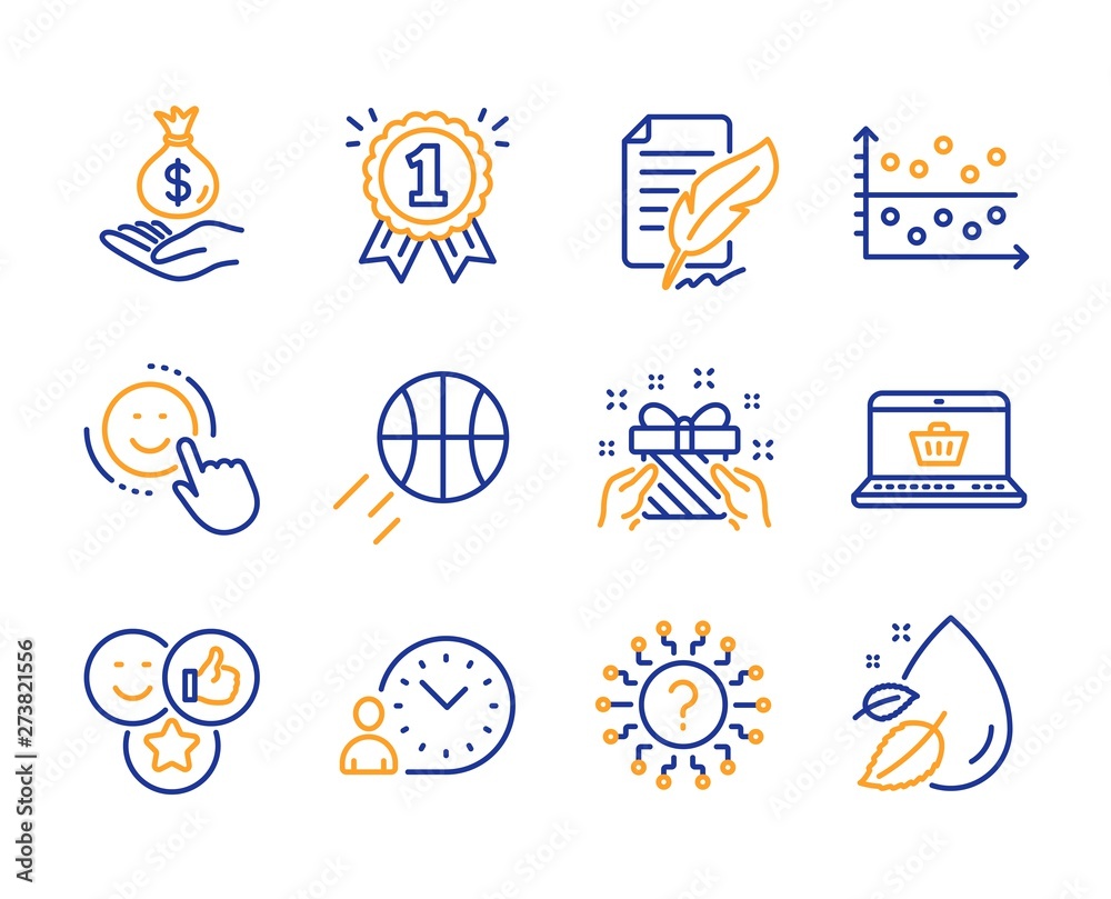 Feather signature, Gift and Smile icons simple set. Income money, Dot plot and Reward signs. Basketball, Time management and Like symbols. Online shopping, Question mark and Water drop. Vector