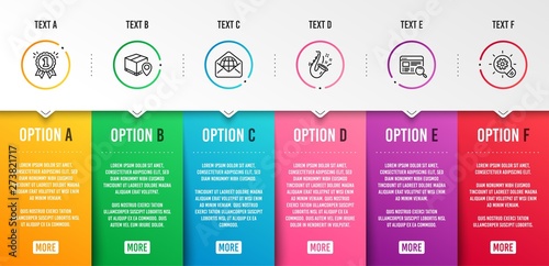 Jazz, Parcel tracking and Reward icons simple set. Website search, Web mail and Cogwheel signs. Saxophone, Package location pin. Business set. Infographic template. 6 steps timeline. Business options