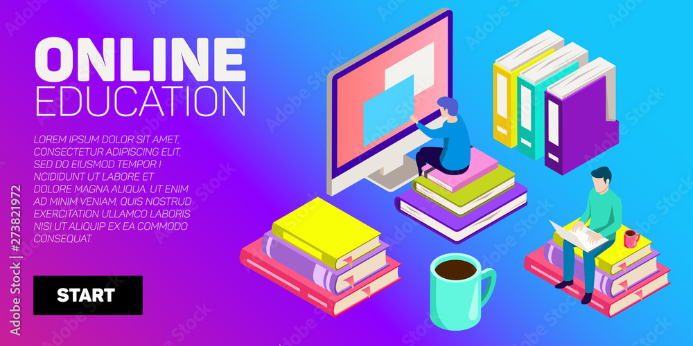 Isometric vector banner. Online education, learning, distant courses. School, college, unversity. Isometric vector banner. Online education, learning, distant courses. School, college, unversity.