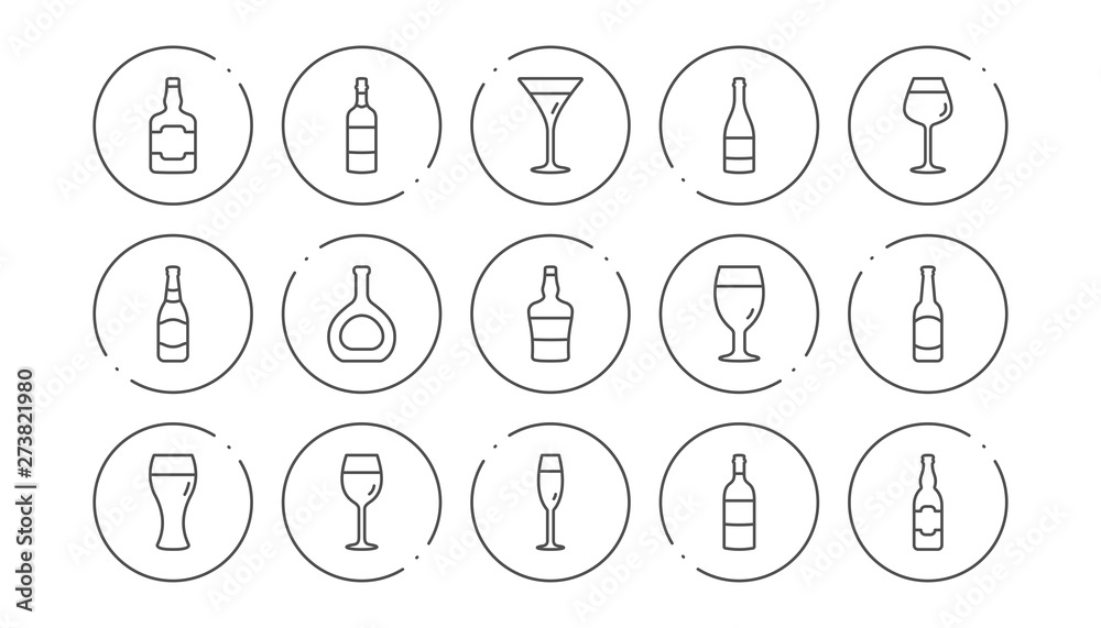 Bottles line icons. Beer drinks, Wine glass and Whiskey bottle. Champagne linear icon set. Line buttons with icon. Editable stroke. Vector Bottles line icons. Beer drinks, Wine glass and Whiskey bottle. Champagne linear icon set. Line buttons with icon. Editable stroke. Vector