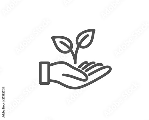 Helping hand line icon. Charity gesture sign. Startup plant symbol. Quality design element. Linear style helping hand icon. Editable stroke. Vector