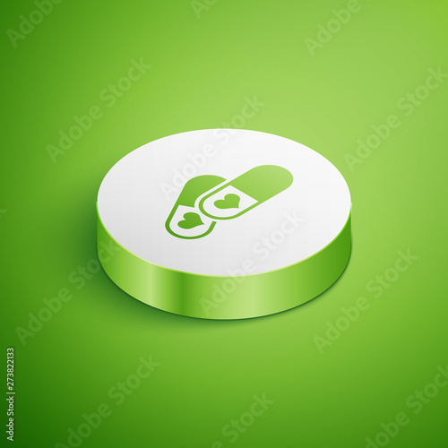 Isometric Pills for potency, aphrodisiac icon isolated on green background. Sex pills for men and women. White circle button. Vector Illustration