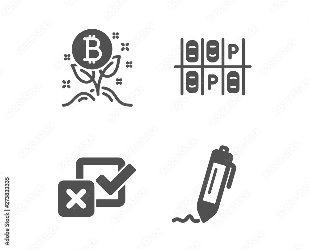 Set of Bitcoin project, Parking place and Checkbox icons. Signature sign. Cryptocurrency startup, Transport, Survey choice. Written pen. Classic design bitcoin project icon. Flat design. Vector Set of Bitcoin project, Parking place and Checkbox icons. Signature sign. Cryptocurrency startup, Transport, Survey choice. Written pen. Classic design bitcoin project icon. Flat design. Vector
