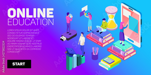 Isometric vector banner. Online education, learning, distant courses. School, college, unversity.