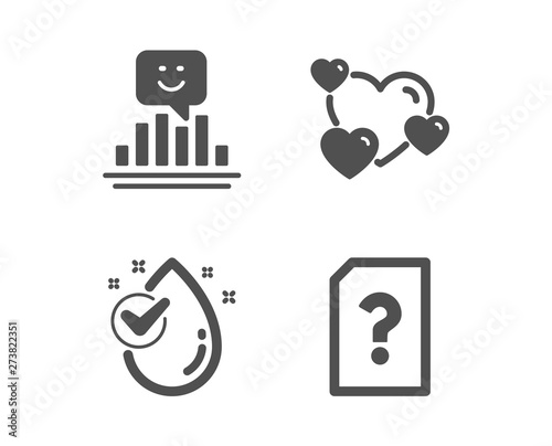 Set of Smile  Heart and Water drop icons. Unknown file sign. Positive feedback  Love rating  Clean aqua. Doc with question mark.  Classic design smile icon. Flat design. Vector