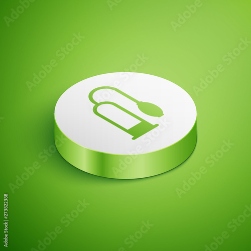 Isometric Penis pump icon isolated on green background. Penis enlarger. Sex toy for men. Vacuum pump with a blower to increase the penis. White circle button. Vector Illustration