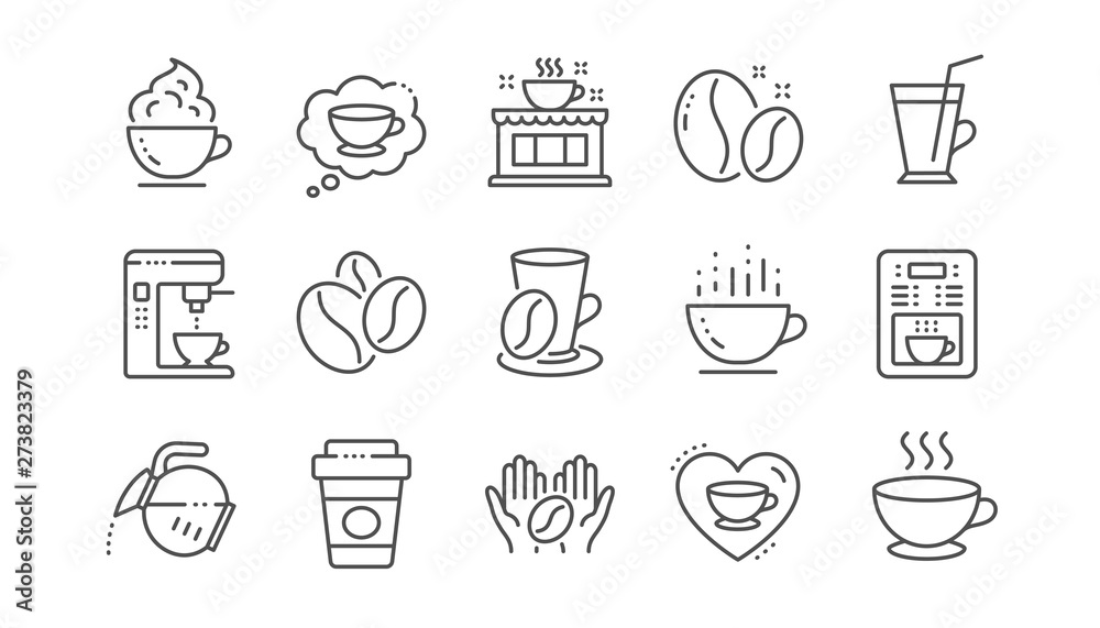 Coffee line icons. Beans, hot cocktail and coffee maker machine. Espresso cup, cappuccino with whipped cream line icons. Latte vending machine and roasted beans. Linear set. Vector Coffee line icons. Beans, hot cocktail and coffee maker machine. Espresso cup, cappuccino with whipped cream line icons. Latte vending machine and roasted beans. Linear set. Vector