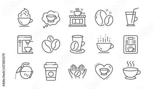 Coffee line icons. Beans, hot cocktail and coffee maker machine. Espresso cup, cappuccino with whipped cream line icons. Latte vending machine and roasted beans. Linear set. Vector