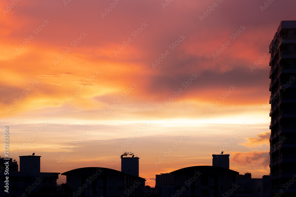 Beautiful sky and colourful sunset with cityscape at Bangkok at night time