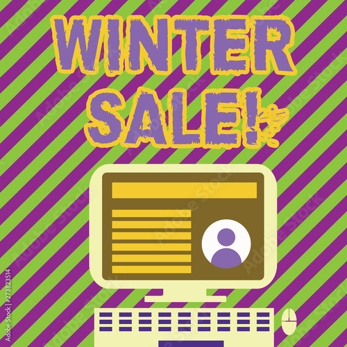 Handwriting text writing Winter Sale. Conceptual photo occasion when shop sells things at less than their normal price Desktop Computer Mounted on Stand with Online Profile Data on Monitor Screen