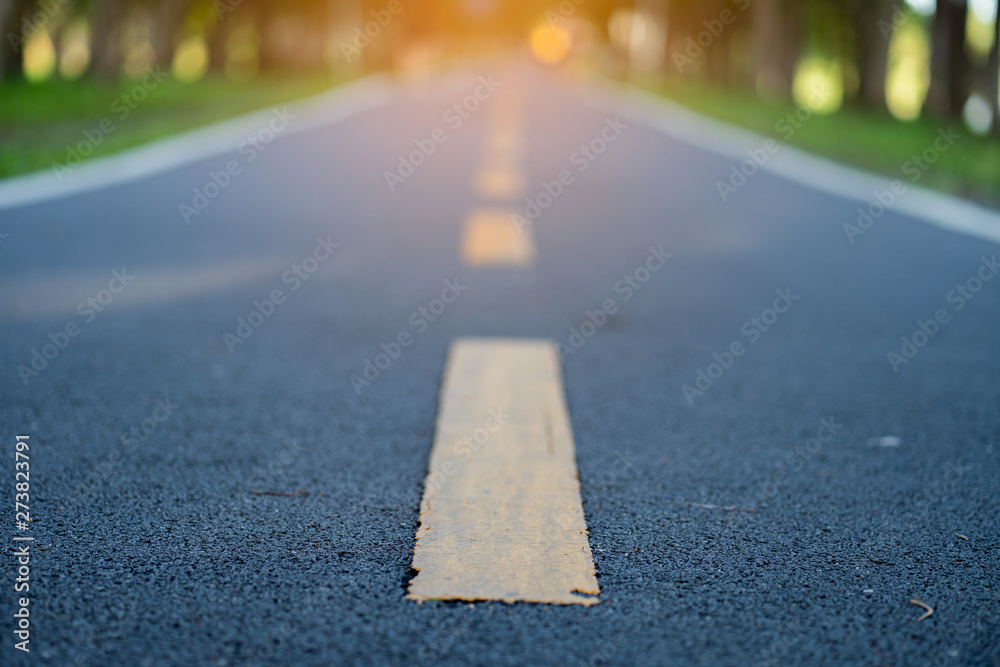 Asphalt road surface for running or exercise path in the park.Asphalt road through the deep park morning. nature background with sun light.