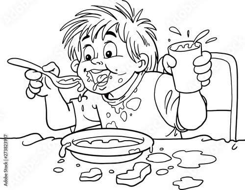 Illustration of a Baby Boy Playing with His Food