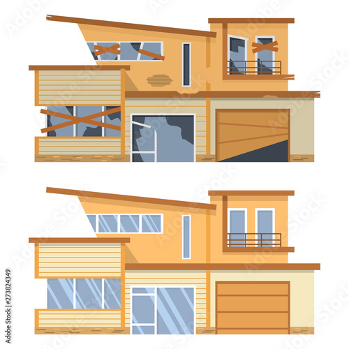 Modern house before and after repair. Old run-down home. Renovation building.Flat vector.