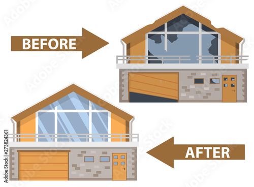 House before and after repair. Old run-down home. Renovation building.Townhouse building apartment.Flat vector.Rural housing village chimney.