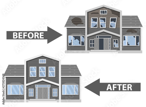 Modern house before and after repair. Old run-down home. Renovation building. Flat illustration of country house vector.