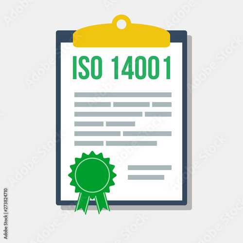 environmental management system certificate in clipboard, flat vector illustration