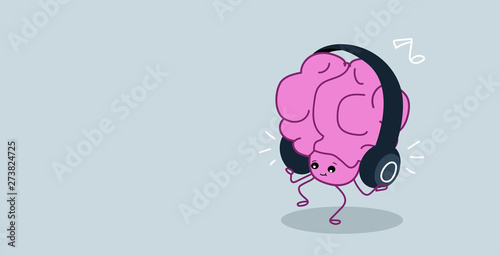 cute human brain organ listening music with headphones relax concept kawaii style pink cartoon character horizontal