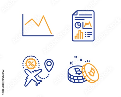Report document, Flight sale and Line chart icons simple set. Bitcoin sign. Growth chart, Travel discount, Financial graph. Cryptocurrency coin. Finance set. Linear report document icon. Vector