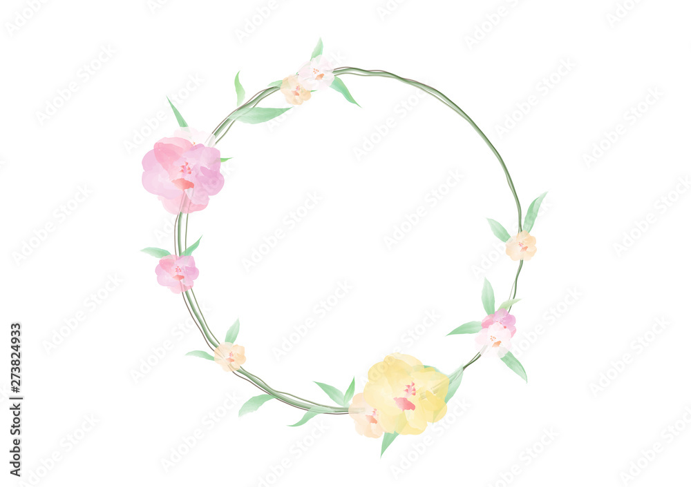 A Watercolor flowers and green leafs on the circle crownd with branch and rope, beautiful floral frame banner vectors on white background, element design for decoration