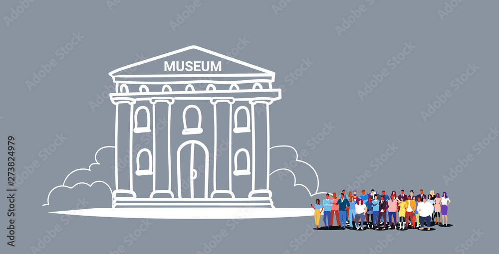 Naklejka premium people crowd visiting museum building men women tourists group walking together popular touristic destination full length sketch doodle horizontal