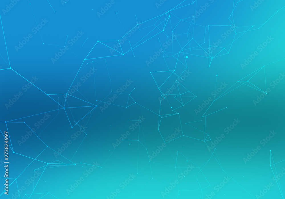 Abstract background, structure of connect lines and particles. Connection and network concept. Creative technological background with digital composition, in green and blue
