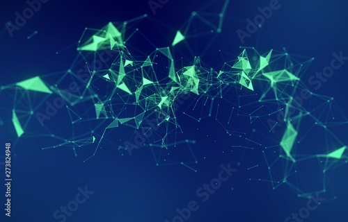 Abstract background, structure of connect lines and particles. Connection and network concept. Creative technological background with digital composition, in green and blue classic dark and deep scene