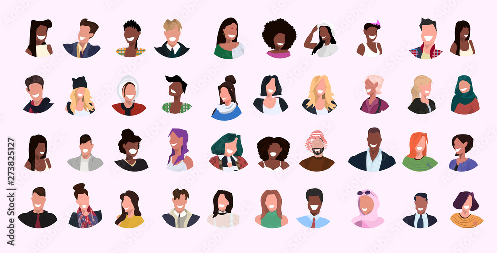 set mix race women men face avatar collection different smiling people