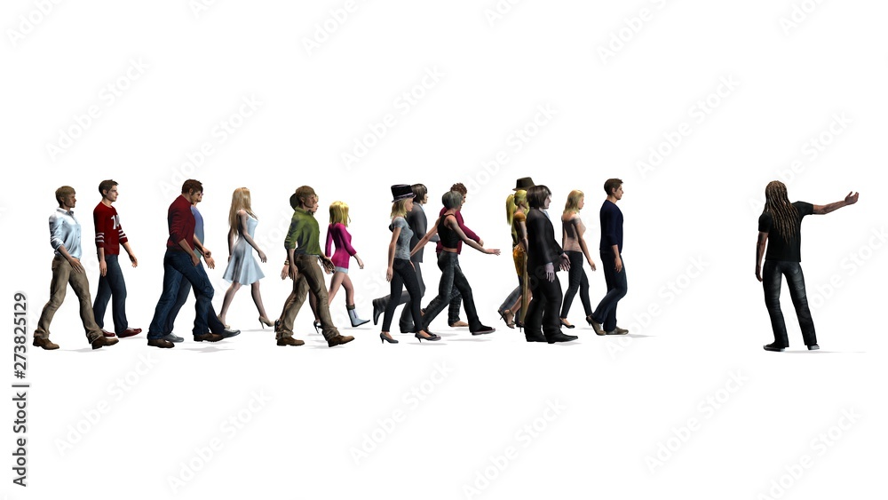 Obraz premium People - a group of women and men following the direction of a man - isolated on white background