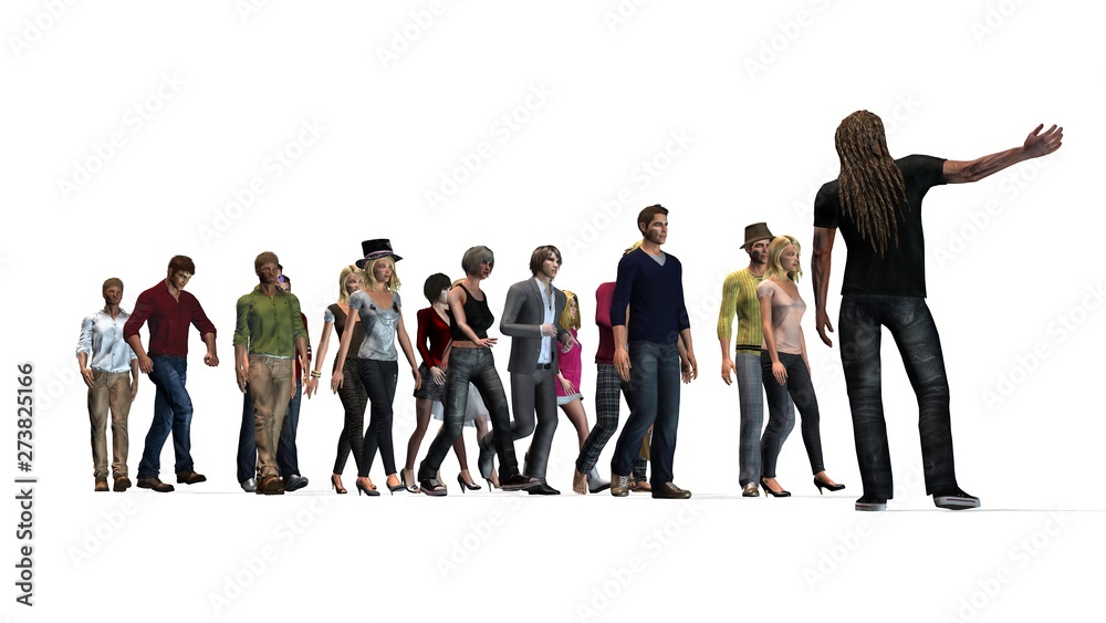 Obraz premium People - a group of women and men following the direction of a man - isolated on white background